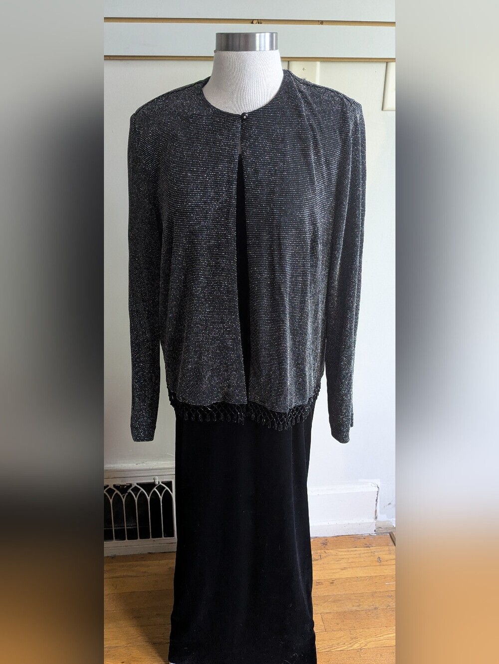 R&M Richards Black Velvet Dress With Metallic Open-Front Evening Cardigan